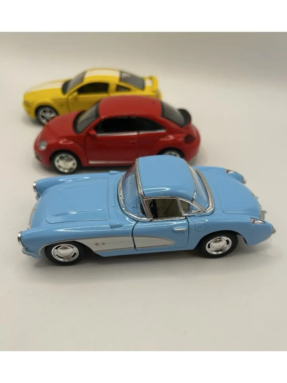 Lot of 3 Diecast Cars Corvette VW Beetle Mustang Kinsmart Scale Blue Red Yellow